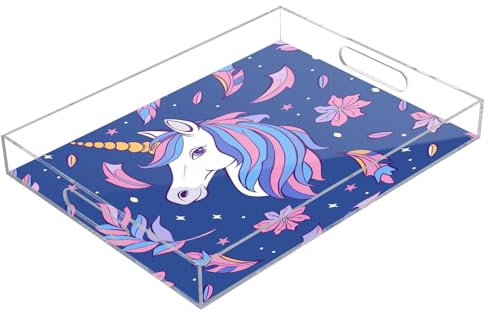 Purple Pink Hair Unicorn Acrylic Serving Trays, Clear Rectangular Tray with Handles Serving Platter for Coffee Table Kitchen Bathroom