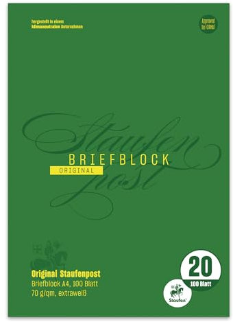 Staufen Style Briefblock - DIN A4, 100 Blatt Briefpapier, Lineatur 20, 70 g/m², blanko, Staufenpost