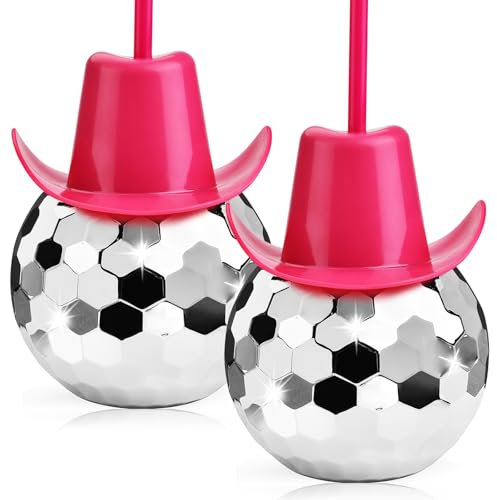 ALINK Disco Ball Cups with Pink Hat and Straws, 20 OZ Silver Sparkly Disco Party Tumbler, Novelty Taylor Cups for Hen Bachelorette Party, Bride Shower, 1970s Party Decorations, Pack of 2