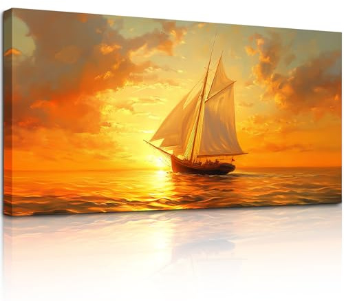 MHARTK66 Segelboot auf dem Meer Leinwand Bilder, 73x146 cm XXL Wandbilder Wohnzimmer Landschaft Bild Aesthetic, Goldener Wanddeko Kunstdruck Schlafzimmer Esszimmer Flur Büro Küche