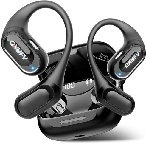 QXUFV Ecouteurs Bluetooth sans Fil Open Ear, Casque Bluetooth 5.4 avec Basses Renforcée, 4 Micro HD, Lecture 48H et Contrôle Tactile, étanchéité IP7, Ecouteur Sport avec Crochets Confort, Courir/Vélo
