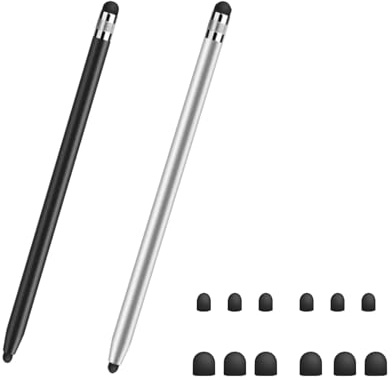 Leloco Tablet Stift für Alle Tablets, 2 in 1 Gummi Stylus Pen | Handy Stift Set (Schwarz+Silber) mit 12 Silikonspitzen. Universeller Touchscreen Stift für Smartphone & Tablet, 8g leicht.