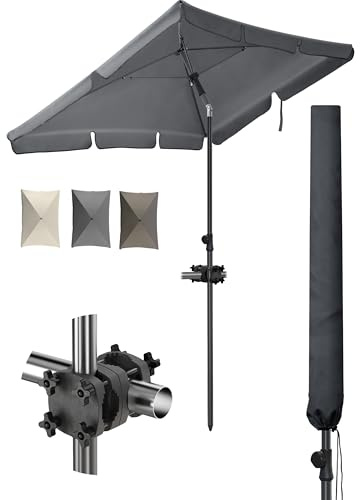 Menz Sonnenschirm Balkon 3-teiliges Komplettset - UPF 50+ Sonnenschirm rechteckig 200 x 125 cm + robuster Sonnenschirmhalter Balkongeländer + Sonnenschirmhülle, Sonnenschutz Balkon