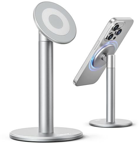 Nulaxy Magnetic Fully Aluminum Phone Stand, 360 Rotating Cell Phone Holder for Desk with 2 Metal Rings, Adjustable Phone Stand Compatible with Phone 16 15 14 13 Pro Max and MagSafe Case, Silver | Stable Base, Includes Metal Ring, Works with Thick Cases, Hands-Free, Office Accessories, Compatible with All Phones