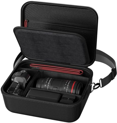 ProCase Hard Shell Camera Case for Canon Rebel T7/EOS R100/R50/DSLR/SLR/Nikon/Sony/Mirrorless Cameras, Soft Padded Digital Camera Travel Bag with 1 Shoulder Strap and 3 Adjustable Dividers -Black
