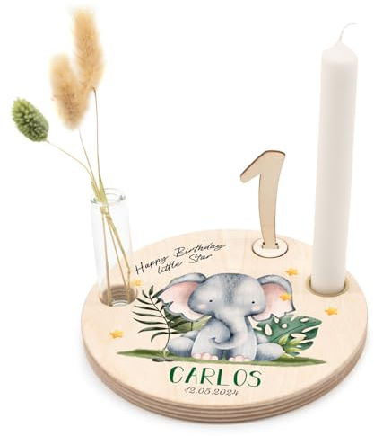 GRAVURZEILE Bedruckter Geburtstagsteller aus Holz - Safaritiere Elefant - Personalisiert mit Name & Datum - inkl. Kerzenhalter, Glasvase & Zahlen 0-9 - Geschenk für Baby & Kinder zum Geburtstag