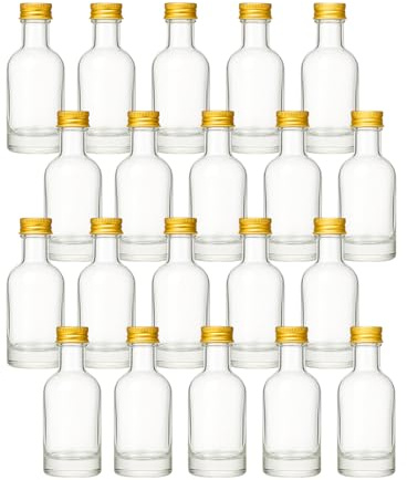 gouveo 20er Set 50 ml Glasflasche Klassik mit Schraubverschluss goldfarben - Runde Mini-Flasche mit dickem Boden & schmalem Hals - Ideal für Likör, Öl, Proben, Kosmetik (KFT050G)