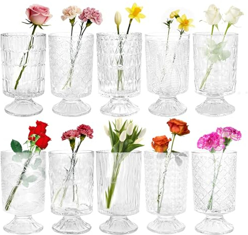 PEDOBALI 10 Pcs Flower Crystal Glass Vases 7 x 4 Inches Hydroponic Transparent Bottle Centerpieces Embossed Pedestal Vases for Wedding Party Office Home Dining Table