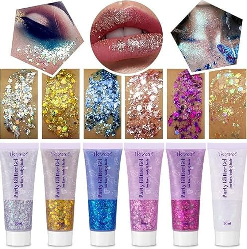 6PCS Body Glitter Gel, Körperglitzer-Gel,50ml Hair Face Shimmer Liquid Glitter Kits, flüssiger Lidschatten Holografisches, Haar-Glitzer für Körper, Augen, Haare, Nägel, Body Glitzer für Make-up