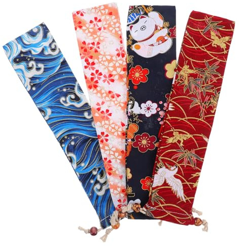BESPORTBLE Lot de 4 Pochettes Pliables à Cordon pour Éventail Pliant Japonerie, en Polyester Coton Léger et Portable, Design Rétro Élégant pour Usage Personnel Quotidien
