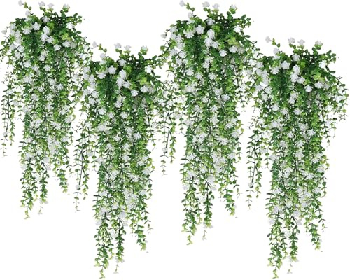 Regallop Faux Hanging Flower 4 Pack Hanging Vines Plants Indoor Realistic Artificial Fake Small Hang Plant Leaves Faux Outdoor Plants Plastic Flowers Stem Decor for Wall Room Party (white)