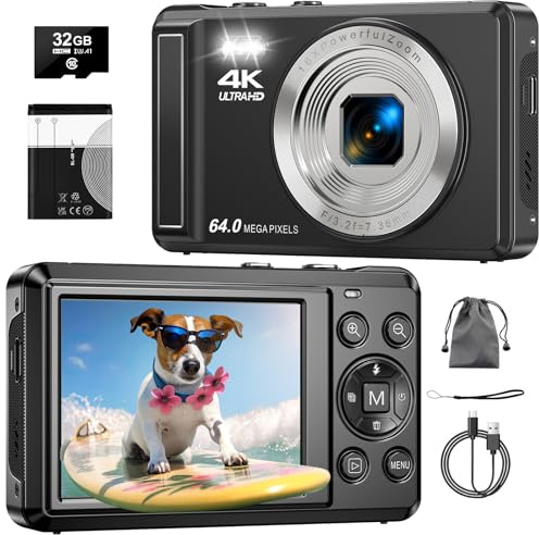 Appareil Photo Numérique 4K 64MP, Écran 2,8 Pouces UHD Autofocus avec 16X Zoom Numérique, Appareil Photo Compact Portable avec Batterie 1200mAh & Carte TF 32GB pour Adolescents Débutants