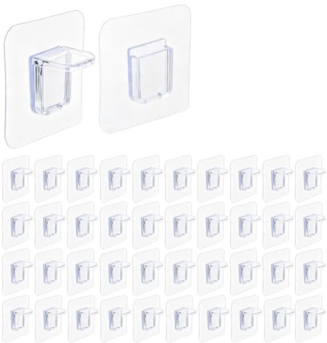 SUPERFINDINGS 60 Pack Clear No Drill Shelf Support Pegs 5.7x5.7cm Self Adhesive Plastic Shelf Clips Nail Free Wall Mount Brackets for Shelves Kitchen Cabinet Book Closet