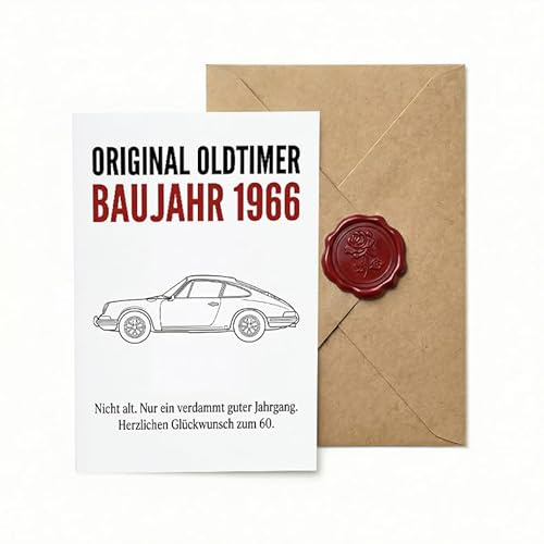 Sinnblatt Geburtstagskarte 60 & edle Karte 60. Geburtstag, lustige Glückwunschkarte als Geldgeschenk für Männer & Frauen, Premium Faltkarte mit Oldtimer Auto Motiv & Jahrgang 1966 Spruch.