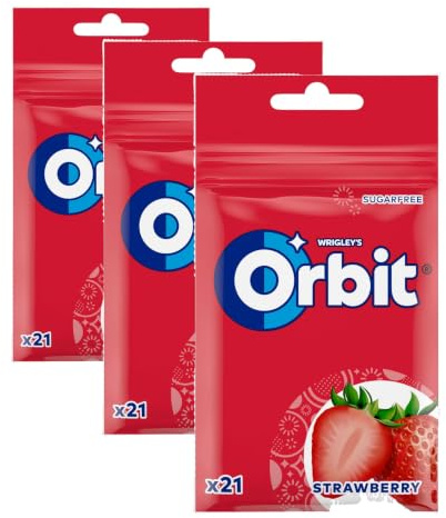 Orbit Bolsa de Chicles Sin Azúcar Sabor Fresa, Fresco, Intenso y de Larga Duración en formato Gragea (21 chicles) (Paquete de 3)