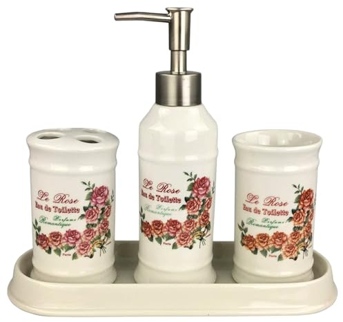 Landhaus Vintage Keramik Badset (Rosen) Badezimmerset Badezimmer Badeset Set Bad Zubehör, Seifenspender Zahnbürstenhalter Schale Zahnputzbecher Badgarnitur Garnitur (4er Set)