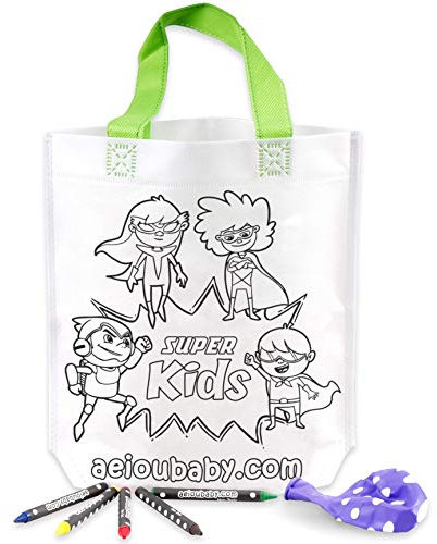 aeioubaby.com 10 Tasche zum Ausmalen | 10 einzelne Taschen mit 5 bunten Wachsmalstiften und Luftballon | Geschenk Kinder auf Festen und Geburtstagen (Helden)