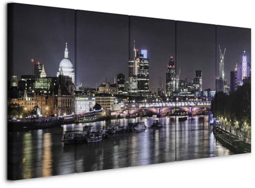 B&D XXL - Wandbilder XXL London 200x80 cm Vlies Leinwandbild 5 Teilig Kunstdruck modern Wandbilder XXL Wanddekoration Design Wand Bild - City Stadt Panorama England d-B-0336-b-m