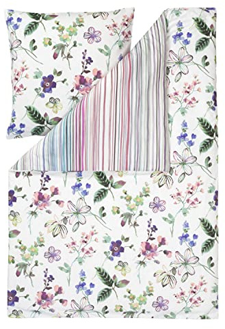 ESTELLA Bettwäsche Lily 4747 985 Bunt Blumen Blüten Blätter Weiß Gestreift Aquarell Streifen Mako Satin, Größe:135 cm x 200 cm