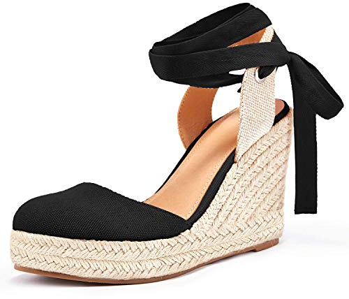 Ermonn Womens Espadrilles Wedge Sandals Platform Closed Toe Ankle Strap Lace Up Summer Shoes