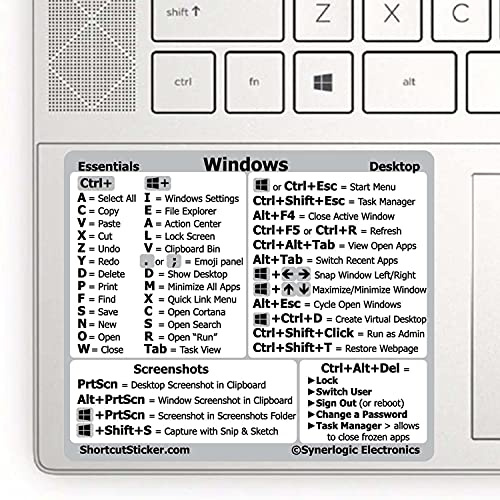 SYNERLOGIC Windows PC Keyboard Shortcuts Sticker | No-Residue Laminated Vinyl Cheatsheet Windows Keyboard Sticker 76 x 64mm (White, Small)