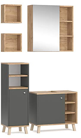 Vicco Badmöbel-Set Senyo, Anthrazit, 62 cm, besteht aus Spiegelschrank, Waschbeckenunterschrank, Midischrank und 2X Badregal