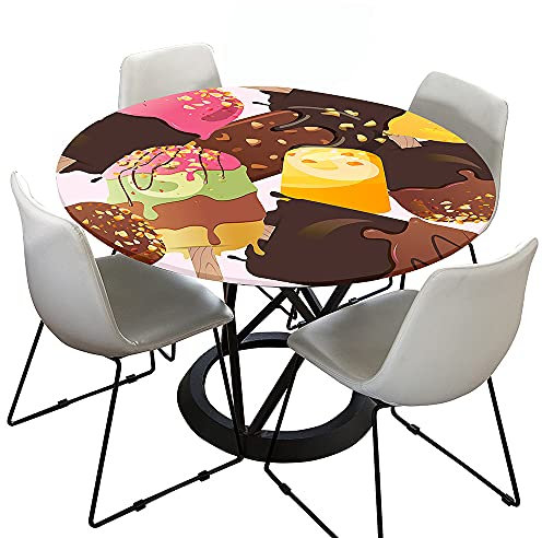 Rund Tischdecke Elastisch Wasserdicht, Treer 3D Eiscreme Druck Polyester Abwaschbar Lotuseffekt Tischtuch mit Elastische Kante für Küche Esszimmer Garten Dekoration (Schokolade,100cm)