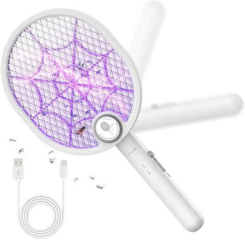 Buzbug Electric Fly Swatter, Foldable Fly Killer Electric Mosquito Swatter USB-C Rechargeable Bug Zapper Racket for Home Indoor and Outdoor Large Surface Fly Zapper Racket with 3-layer Dense Mesh