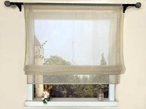 Devola Raffrollo Einfarbig Voile Raffgardinen Küchengardinen Transparent Bändchenrollo mit Tunnelzug Fertiggardinen Moder HxB 140x60cm Sand 1 Stück