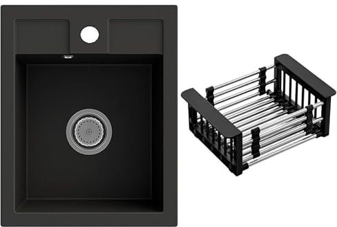 Rein Schwarz LINDBERGH® Antibakterielle Granit Spüle MON44 + Korb + Siphon Einbauspüle Küchenspüle Spülbecken + IMPRÄGNIERUNG - Verbundstoffe MADE IN GERMANY (9.3. Spüle MON44 + Korb)