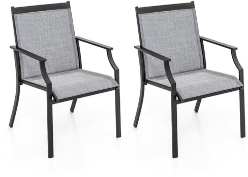 COSTWAY 2er Set Gartenstühle, Terrassenstühle mit breiter Sitzfläche & atmungsaktiver Sitzfläche, Balkonstühle, Outdoor-Stühle bis 150 kg belastbar, für Garten, Balkon, Poolbereich (Grau)