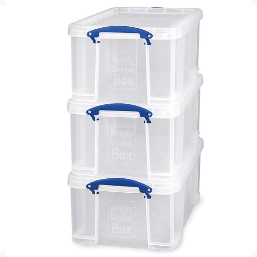Really Useful Box 3-Pack Clear Plastic Storage Bins with Lids & Clip Handles, 32 Liters - Stackable, Portable and Transparent Organizer Containers for Home, Garage and Office