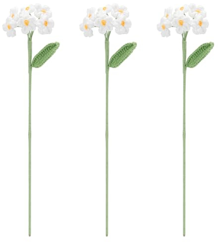 FINGERINSPIRE 3 Stück Gehäkelte Vergissmeinnicht Blume Weiß Handgefertigt Gehäkelter Vergissmeinnicht Blumenstrauß Gestricktes Polyestergarn Künstliche Blumen Für Hochzeitssträuße Blumengeschenk