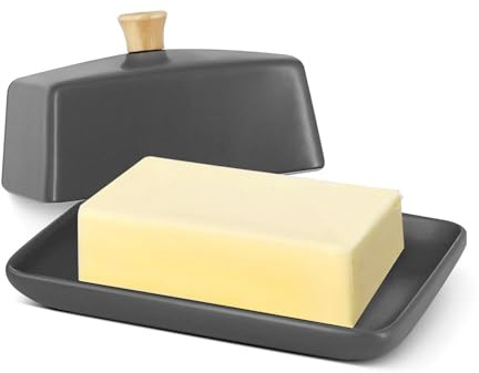 Flexzion Extra Large Ceramic Butter Dish with Lid, 8 Inch, Gray