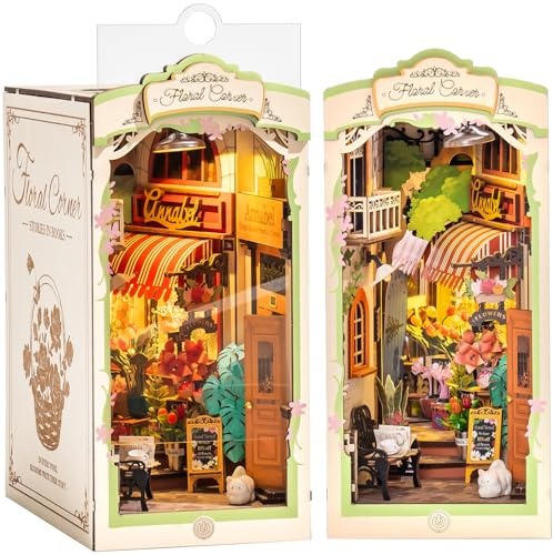 ROBOTIME DIY Book Nook Kit Blumenecke mit Staubschutzhaube, Booknook 3D Puzzle Miniatur Haus Modellbausatz, Diorama Geschenke für Erwachsene, Bücherregal Deko