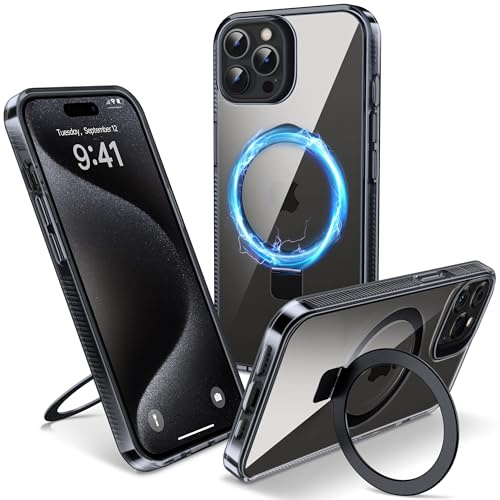 Flyzoo Cover Magnetica per iPhone 15 Pro con Supporto Stand ad Anello, [Protezione Antilngiallimento & Antiurto] Custodia Trasparente Posteriore Hard PC Case con Silicone Bordo, 6.1'', Clear Nero