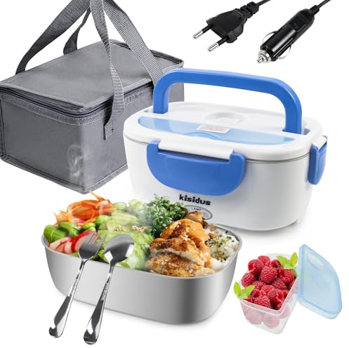 kisidus Elektrische Lunchbox Lebensmittelbehälter 1,5 L 60W, Blau | Lebensmittelbehälter, Tragbarer Warmhaltebehälter, Für Haushalt und Auto, Mit Gabel & Löffel