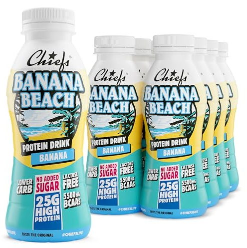 Chiefs® Milk Protein Drink avec 25 g de protéines et BCAA • Shake riche en protéines et faible en glucides, sans lactose et sans sucres ajoutés • 8 x 330 ml (Banana Beach)