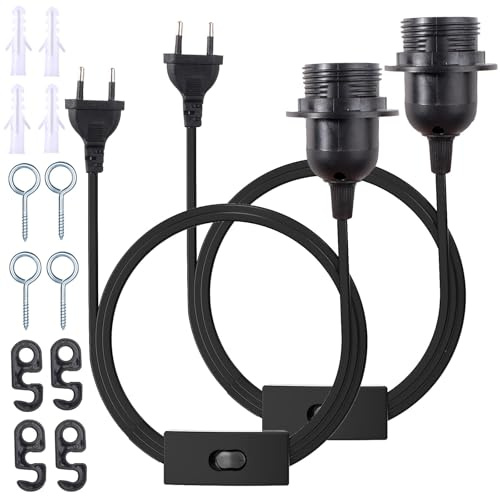 Getyjoe 2 Pièces Douille E27 Avec Interrupteur, Douille Suspension Douilles de Lampe Avec Câble de 5 M et Anneau à Visser Fil Lampe Base pour Ampoule E27 Plafonnier Suspension (Noir)