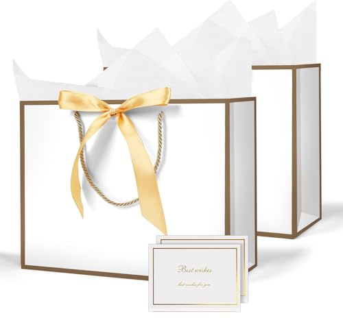 AMFUN Lot de 2 Pochettes Cadeaux avec Anse, Sacs Cadeaux en Papier Avec Ruban d'Arc, Pochettes en Papier avec Anse, Emballage Cadeau pour Noël, les Anniversaires, Mariages, Fête（Blanc Bord Doré)