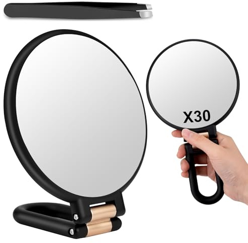Fantasyon Miroir grossissant 30X/1X, miroir à main avec poignée, miroir grossissant 30x avec poignée, miroir loupe de voyage double face pour maquillage de précision