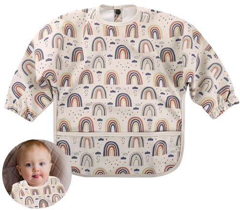 Huiguli LäTzchen Baby mit Ärmeln, Ärmellätzchen Wasserdicht Abwaschbar, Baby LäTzchen mit Großer Tasche, Baby Bibs für Baby Kleinkinder 6-12 Monate(A)