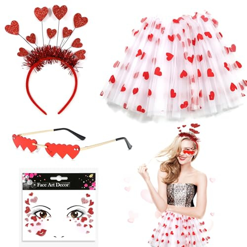 ZITUZY Amor Kostüme Accessoires, Amor Kostüm Damen, Herzchen Tutu, Valentinstag Herz Stirnband Pailletten, Herzbrille Herz Gesichttattoos, Amor-Kostüm für Valentinstag Karneval Mottoparty Cosplay