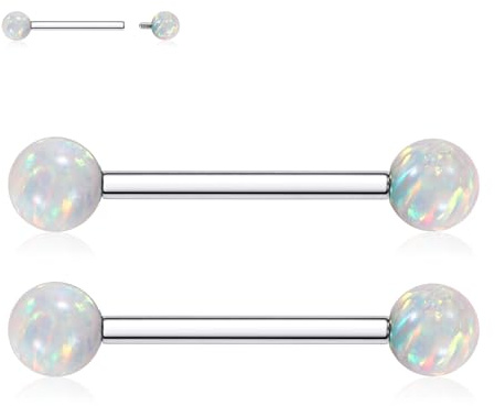 AROWRO Nippelpiercing Brustwarzenpiercing Zungenpiercing 14G Brustwarzenstäbe Nippelpiercing-Schmuck 16mm Innengewinde Zungenstege Titan Nippelringe Silber Weiß Opal