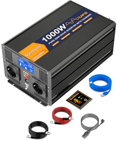 Starkbaer Inverter Puro Sinusoidale 1000W UPS 12V/220V con Caricabatterie 30A, 2 Prese EU, Telecomando 5M, LCD Display - Sicurezza Integrata per Emergenze Domestiche (1000W12V)