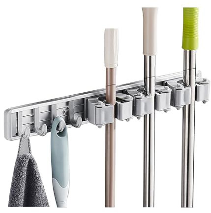 Mumusuki Bolsa de Escobas, Soporte de Tormenta de Montaje de Goma de Aluminio Espacial con Ganchos de Mapas de Herramientas de Almacenamiento de Mapas y Escobas para el Sótano de Jardín