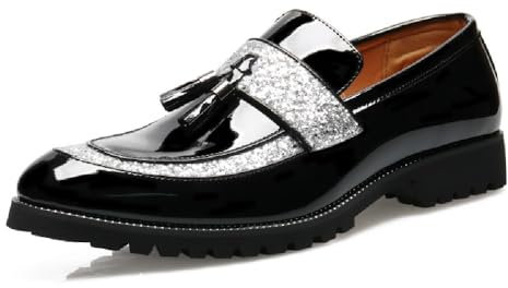 MANLADUO Mocassini da uomo con paillettes lucide a punta con nappa, scarpe da sera in stile britannico per feste di nozze, Argento, 44.5 EU