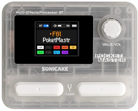SONICAKE Multi Effets Pédale Guitare 9 modules d'effets 100 préréglages 20 amplis/cabines Processeur d'effets pour guitare OTG Interface audio USB BT avec APP Pocket Master (Blanc Transparent)