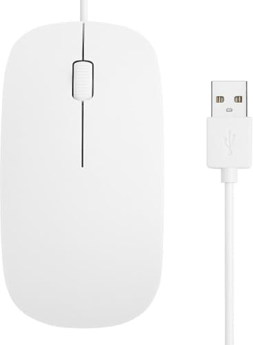 Slim USB Wired Optical Mouse – 1600 DPI Silent Click, 3-Button High-Precision Ergonomic Design – Compatible with Windows PC, Laptop, Desktop, Notebook (White)
