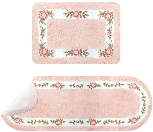 2 Stück Rosa Blumen Badezimmerteppich Set, Niedliche Badematte Badteppich für Mädchen, rutschfest Absorbierende Schlafzimmer Teppic für Badezimmer Küche Wohnzimmer Decor, 40 x 60 cm & 45 x 125 cm